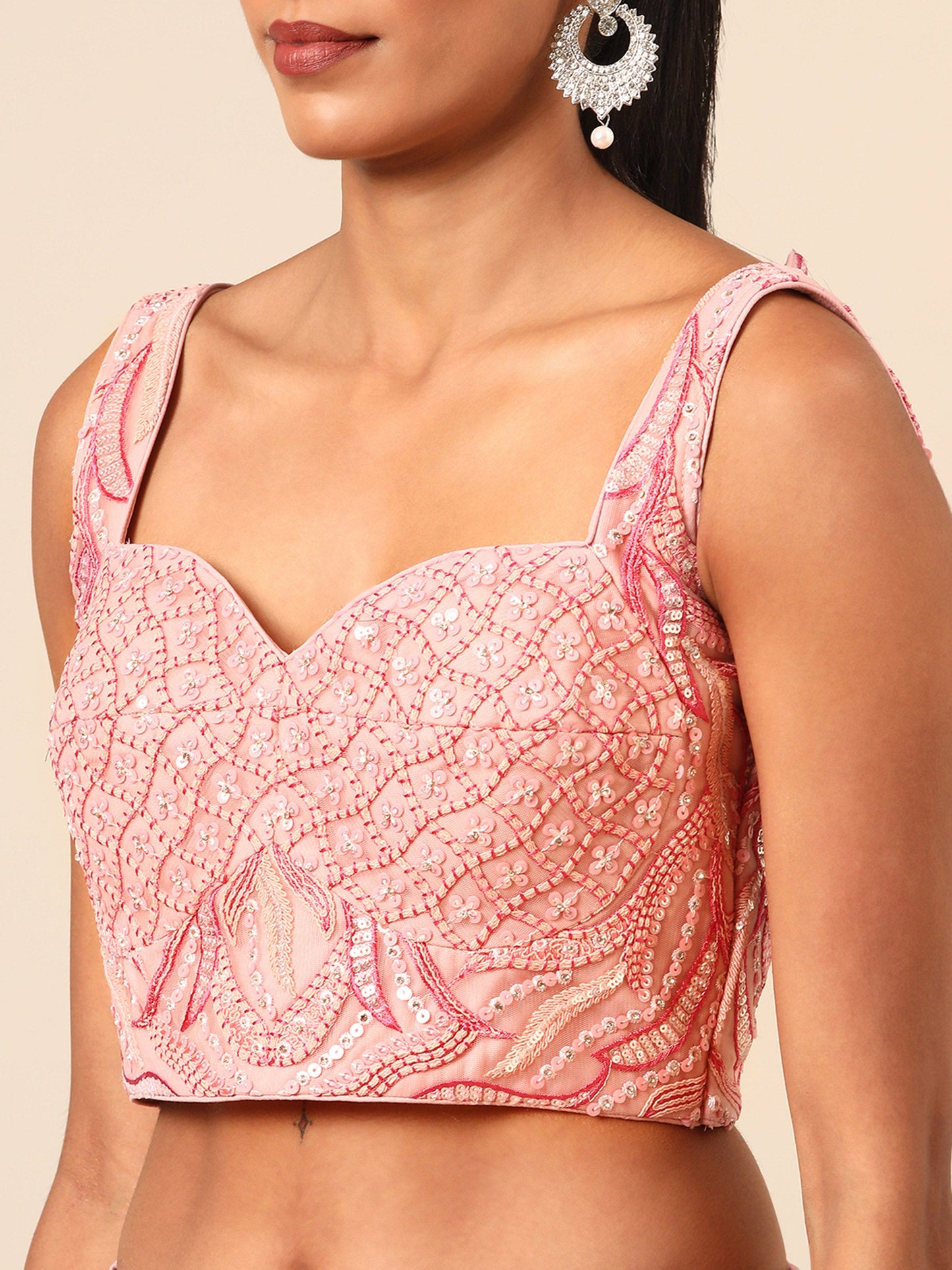 Coral Pink Net Sequins and Zarkan embroidery Lehenga