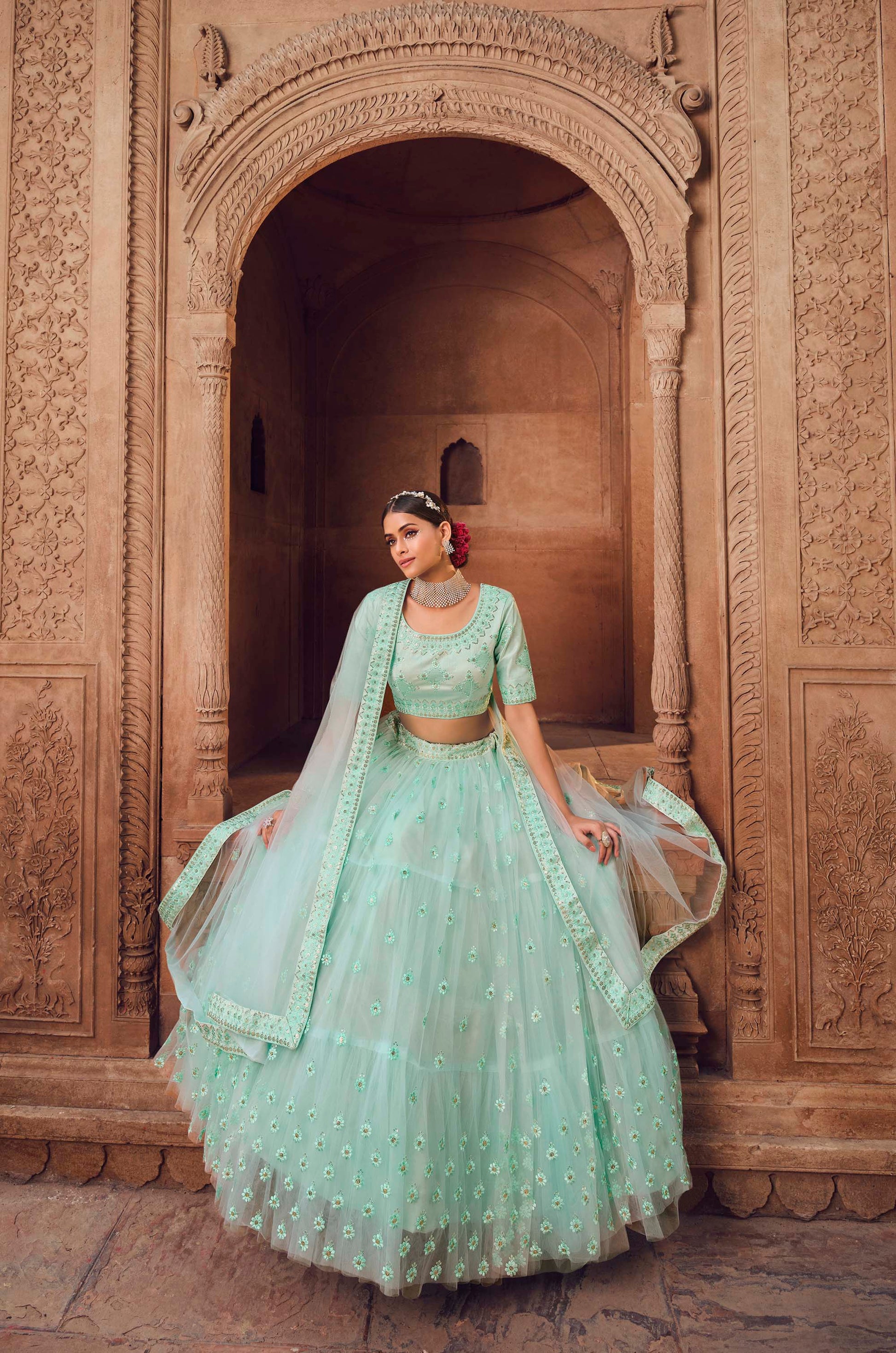 Marvelous Sky Blue Ruffle Lehenga Choli for Bridesmaid 1102