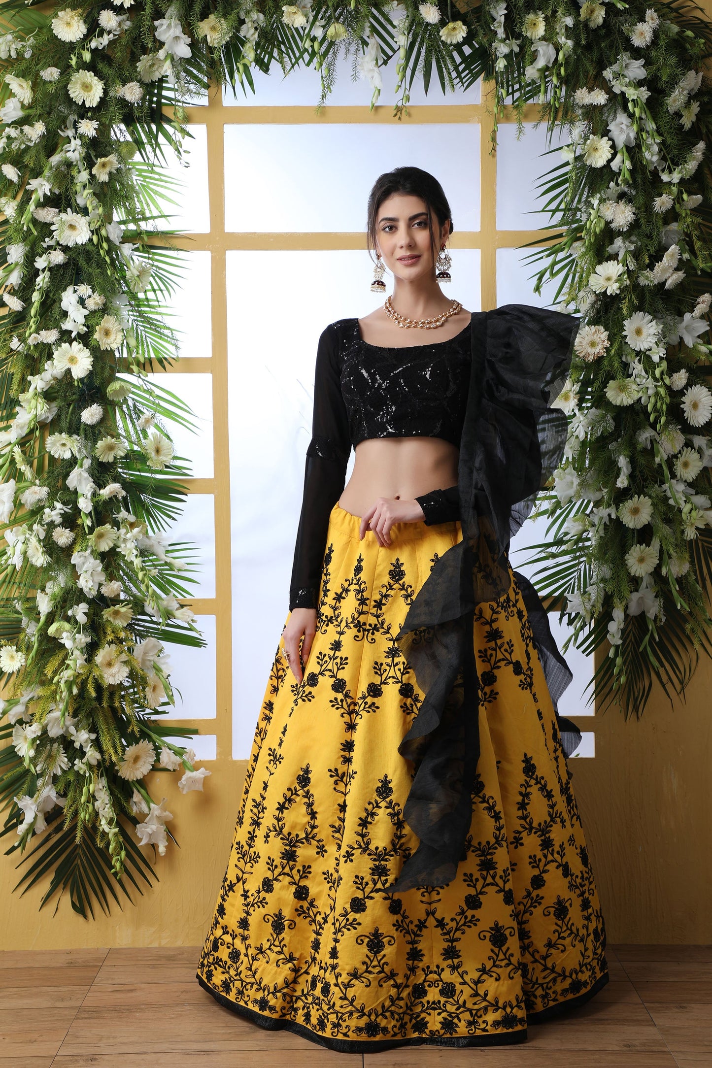 Black & Mustard Yellow Art Silk Lehenga