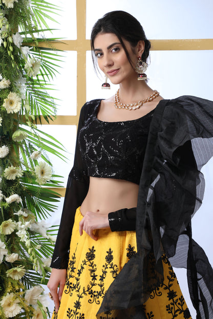 Black & Mustard Yellow Art Silk Lehenga