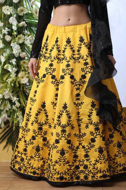 Black & Mustard Yellow Art Silk Lehenga