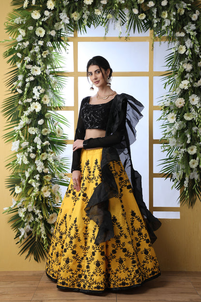 Black & Mustard Yellow Art Silk Lehenga