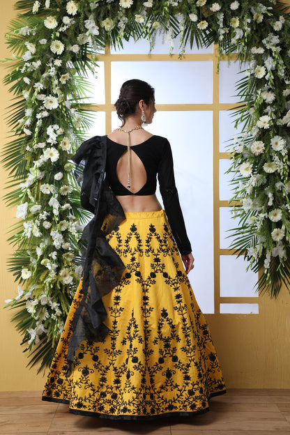 Black & Mustard Yellow Art Silk Lehenga