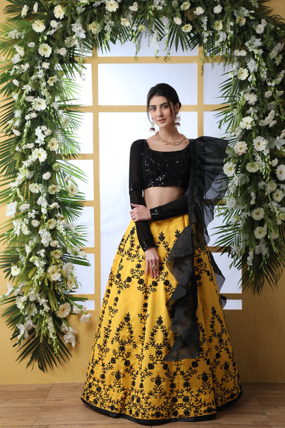 Black & Mustard Yellow Art Silk Lehenga