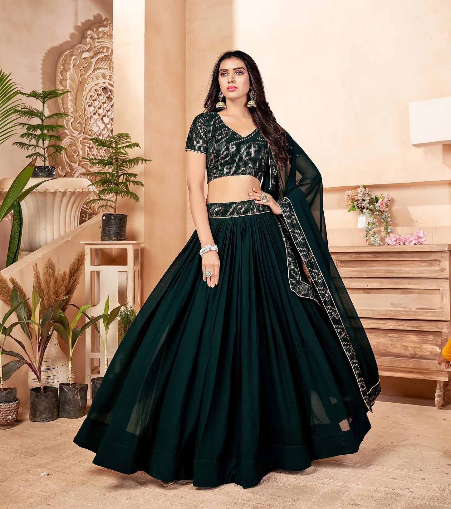 Dark Green Color Georgette Partywear Lehenga 1301