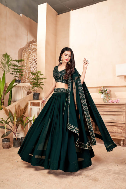 Dark Green Color Georgette Partywear Lehenga 1301