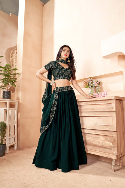 Dark Green Color Georgette Partywear Lehenga 1301