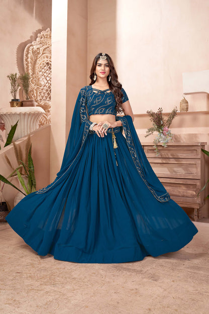 Blue Color Georgette Sequins Lehenga for Wedding Guest 1303