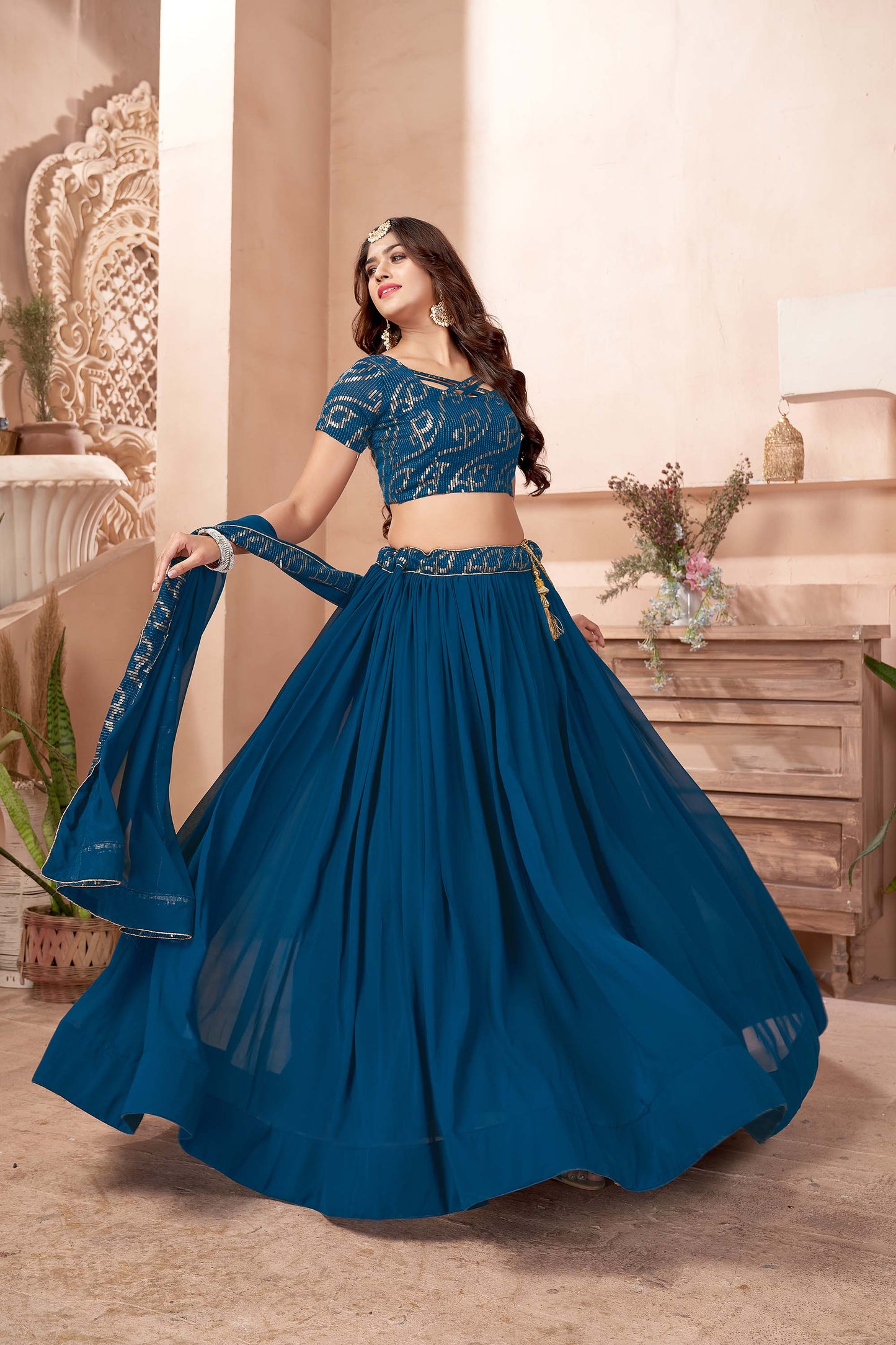 Blue Color Georgette Sequins Lehenga for Wedding Guest 1303