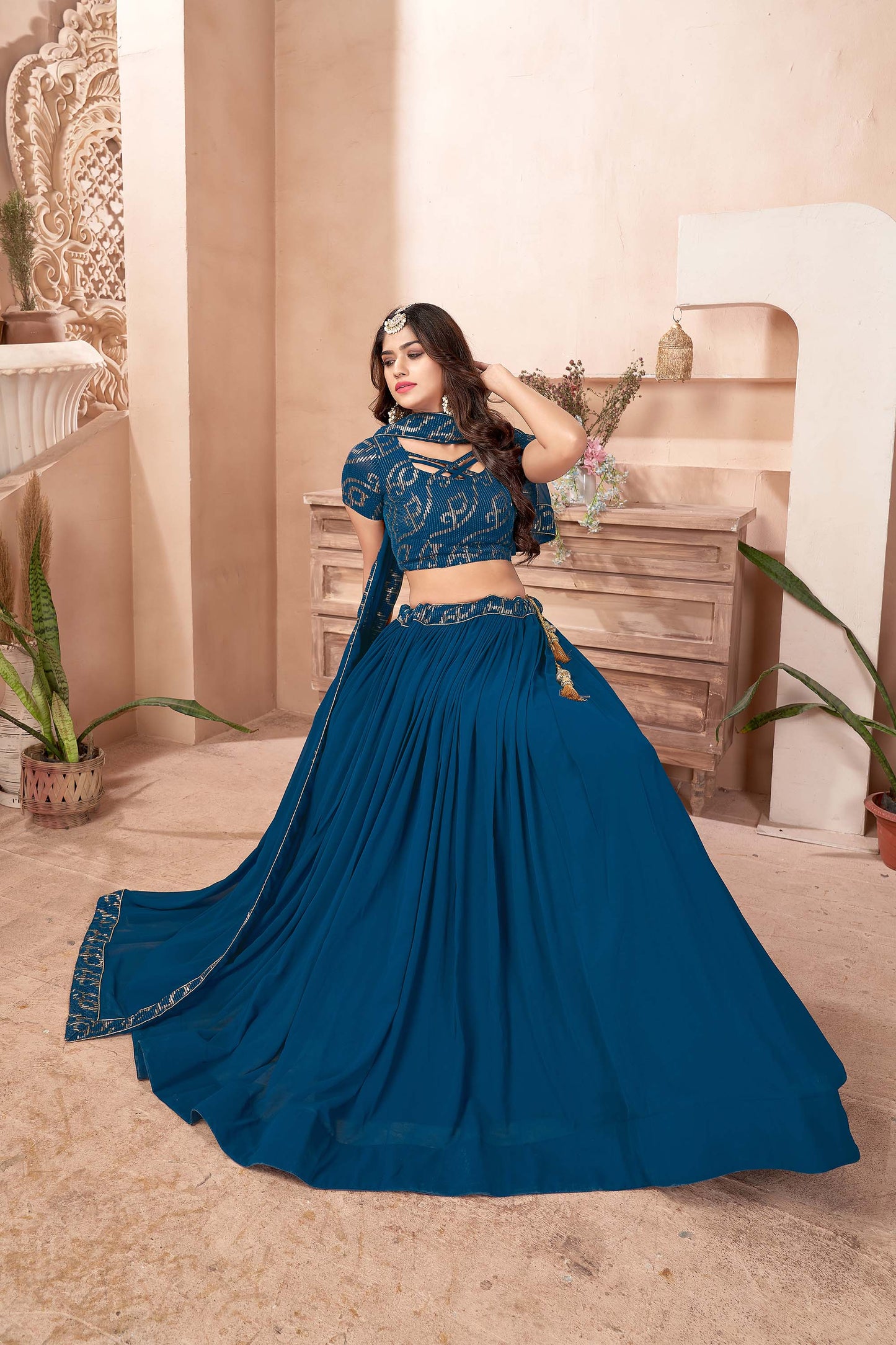 Blue Color Georgette Sequins Lehenga for Wedding Guest 1303