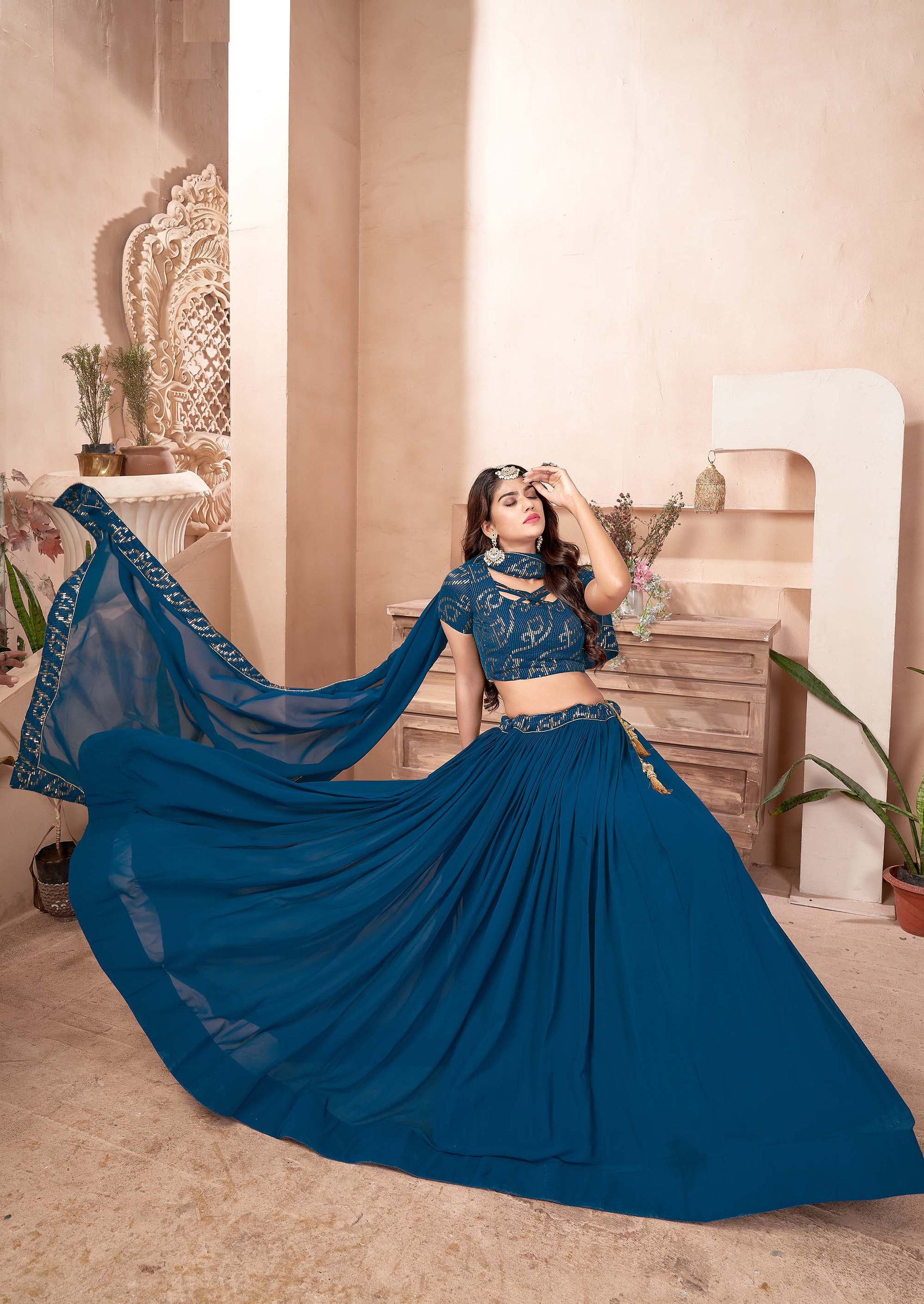 Blue Color Georgette Sequins Lehenga for Wedding Guest 1303