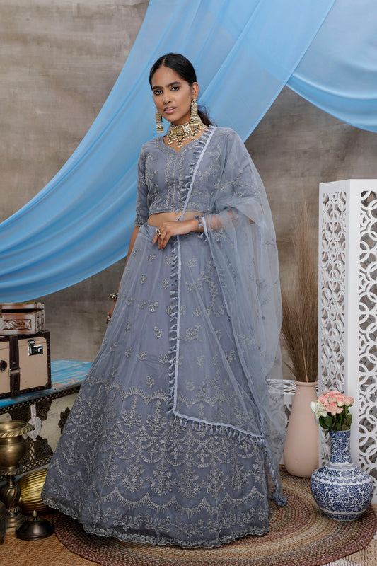 Grey Color Sequence Embroidery Net Lehenga