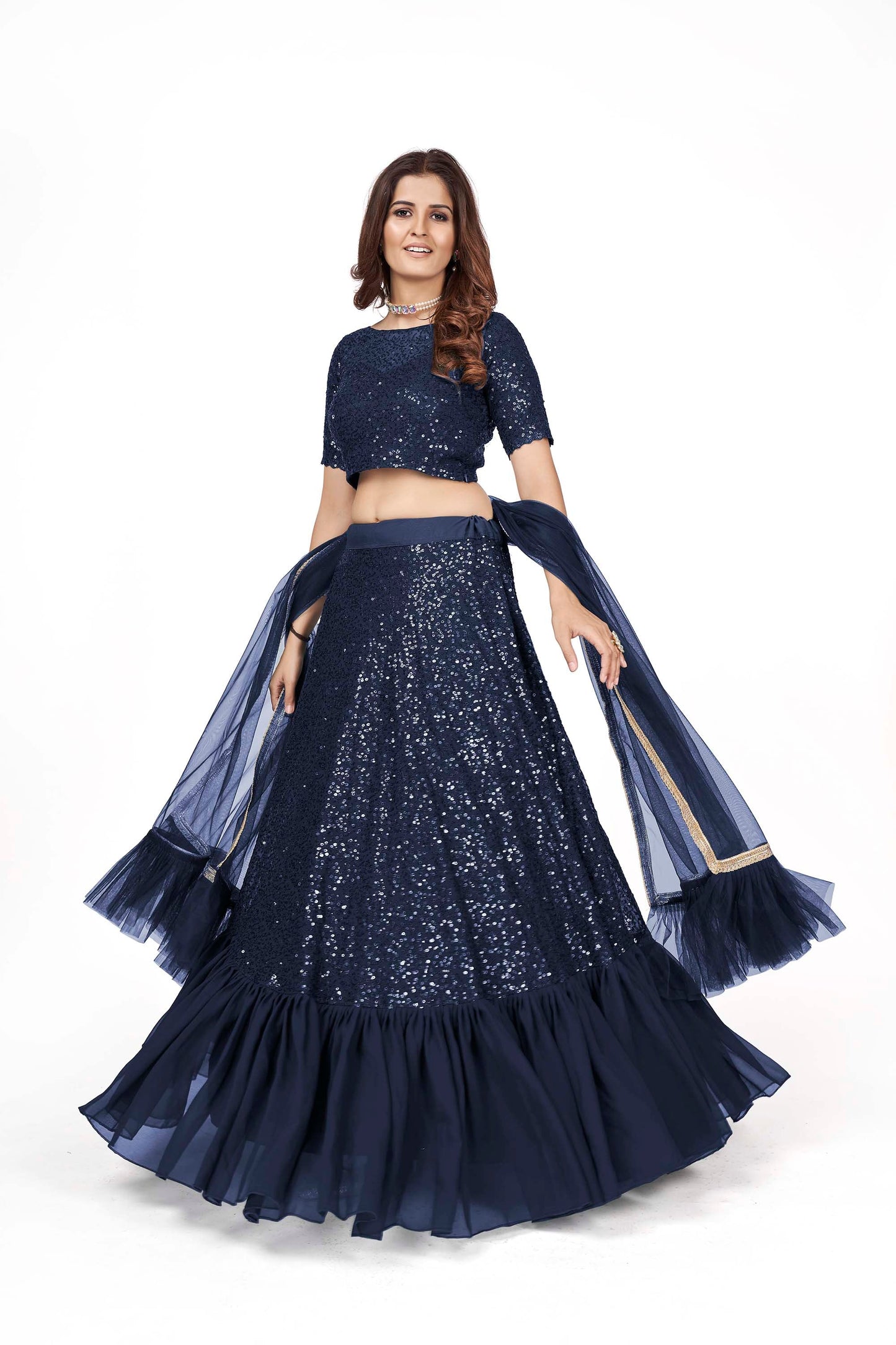 Dark Blue Georgette Sequins Lehenga for Sangeet AH1702