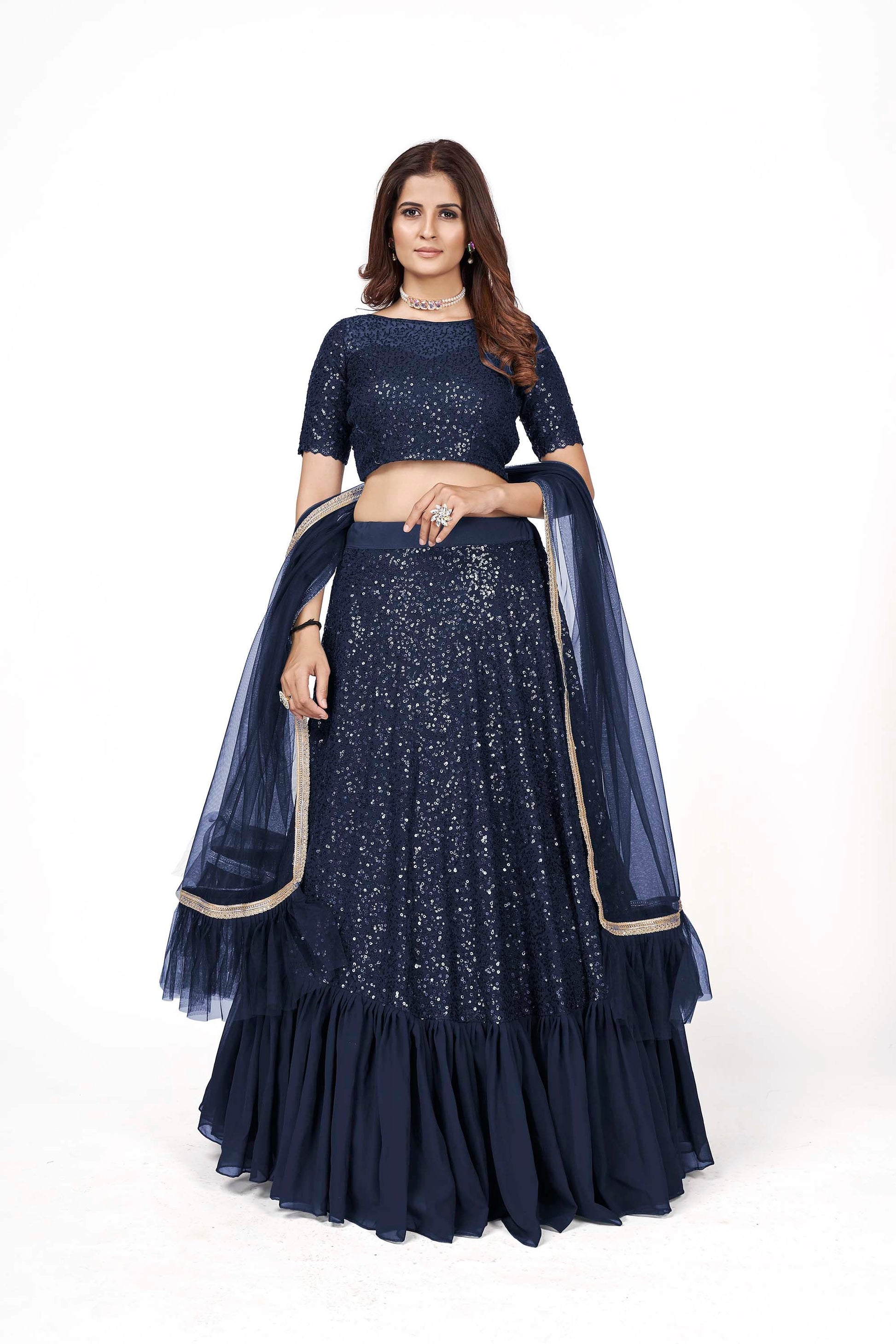 Dark Blue Georgette Sequins Lehenga for Sangeet AH1702