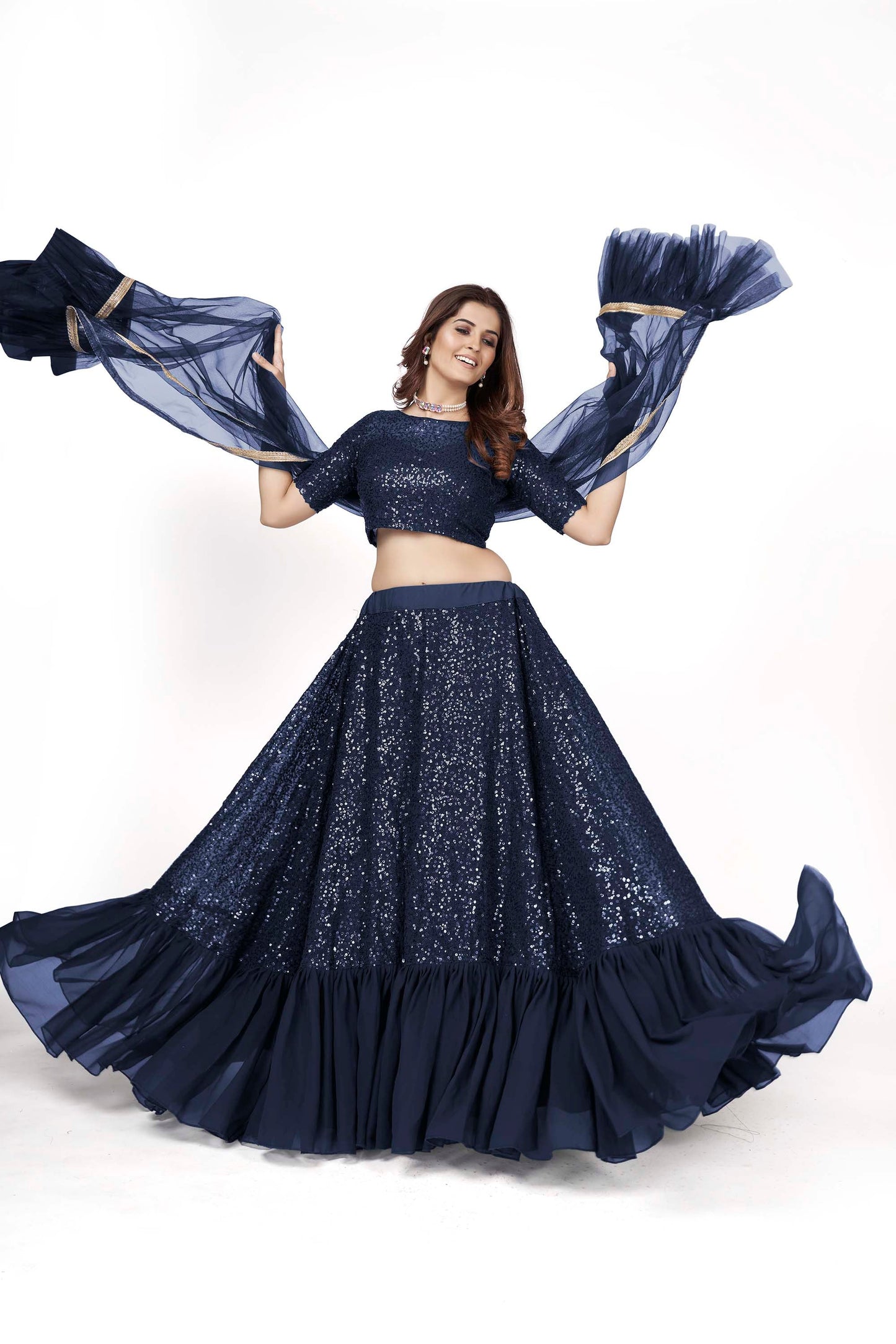 Dark Blue Georgette Sequins Lehenga for Sangeet AH1702