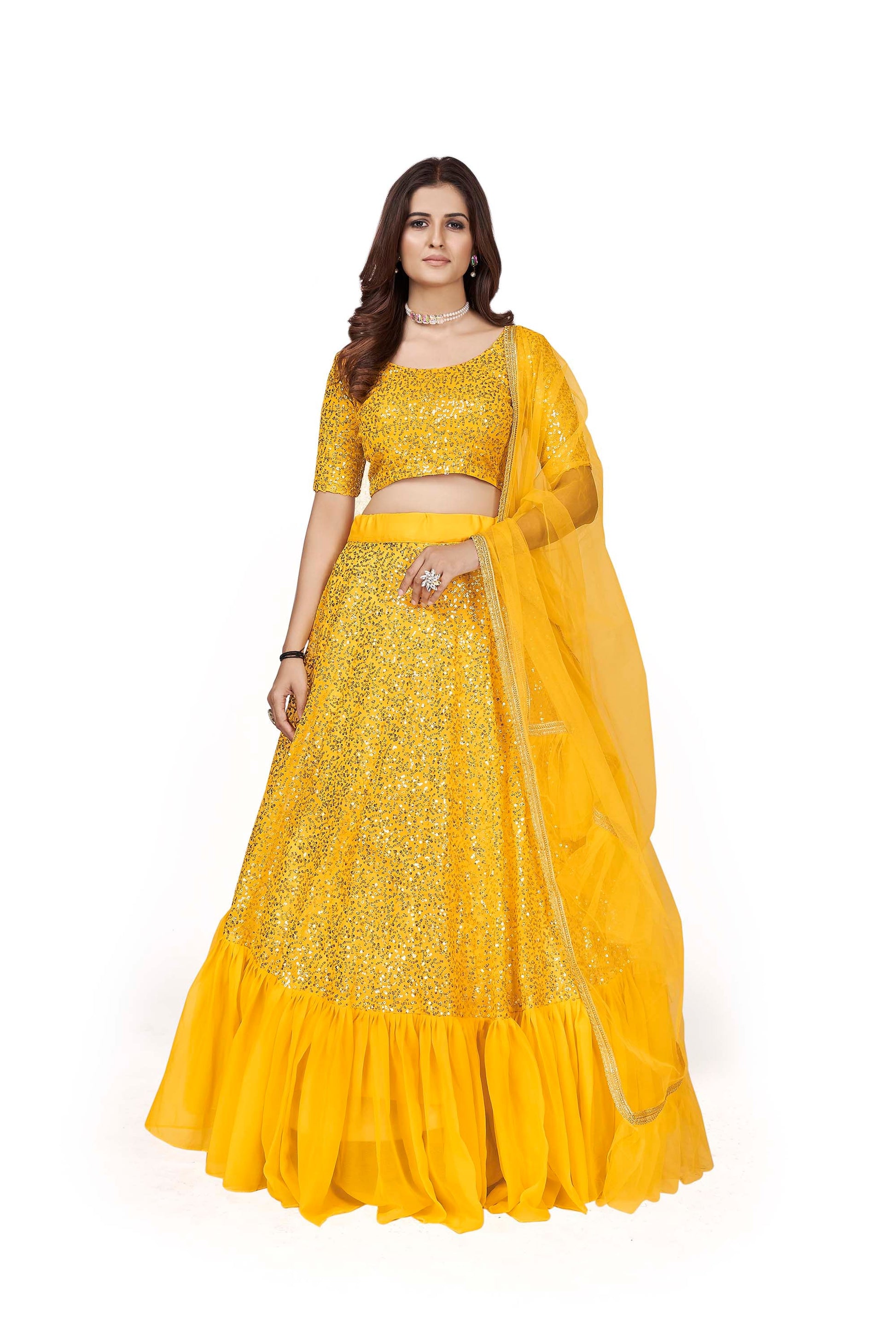 Yellow Georgette Sequins Lehenga for Haldi AH17103