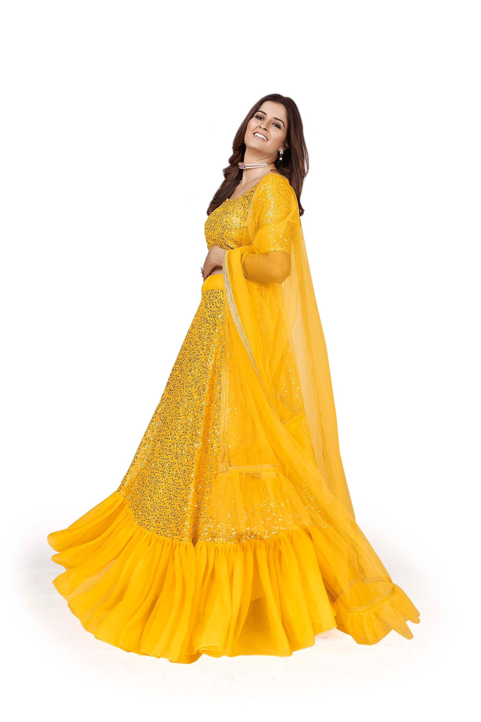 Yellow Georgette Sequins Lehenga for Haldi AH17103