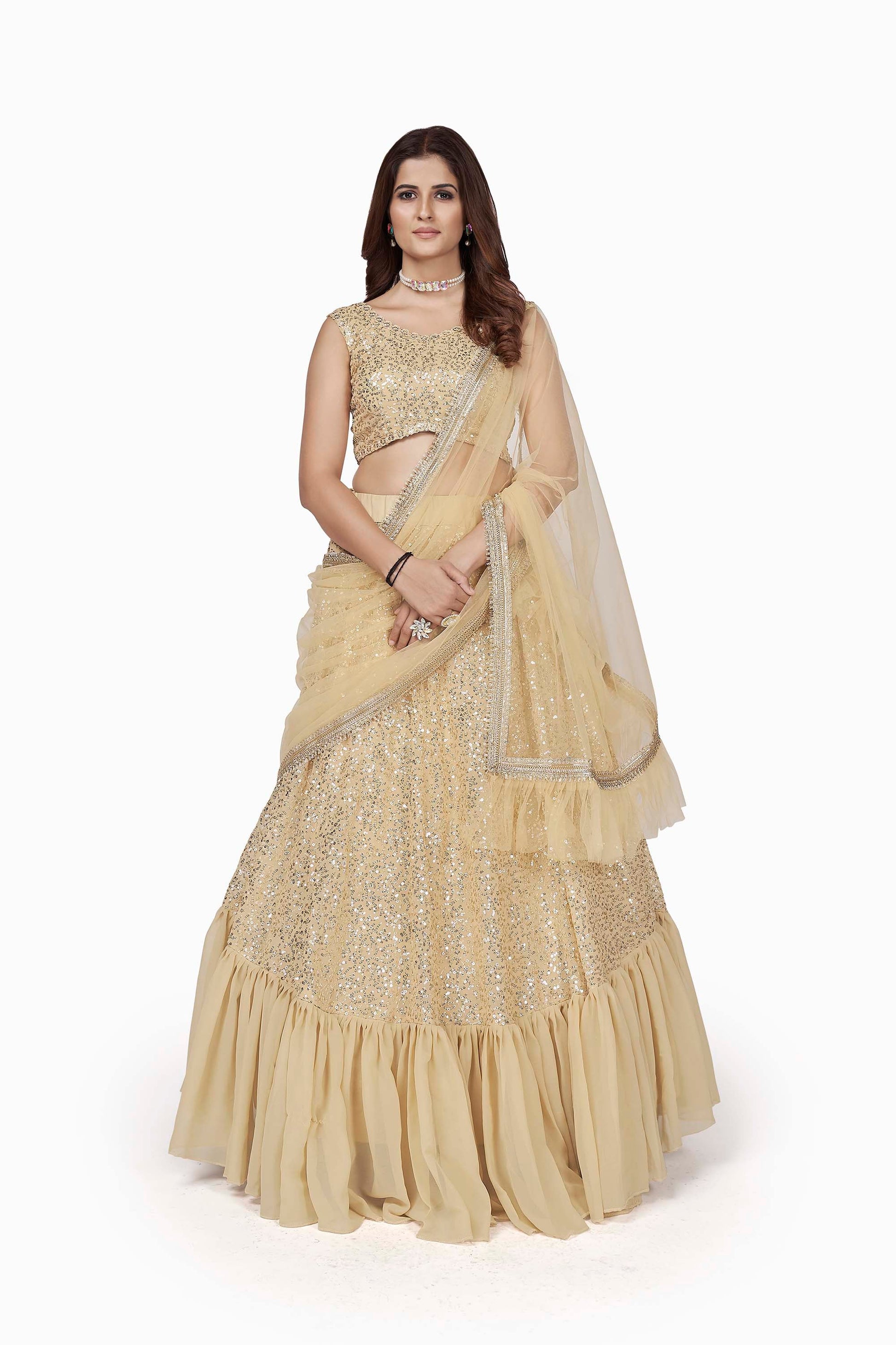 Beige Color Georgette Sequins Lehenga for Sangeet AH1705