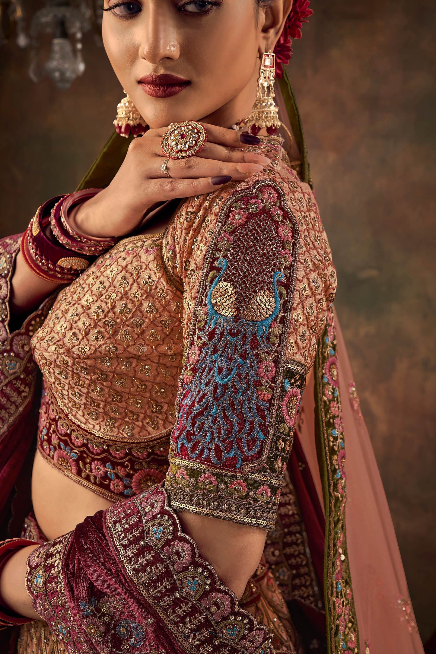 Peach Velvet Zarkan Hand Embroidered Heavy Bridal Lehenga with Double dupatta