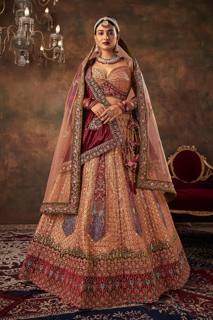 Peach Velvet Zarkan Hand Embroidered Heavy Bridal Lehenga with Double dupatta