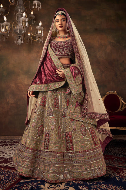 Biscuit Color Velvet Zarkan Hand Embroidered Heavy Bridal Lehenga with Bet dupatta