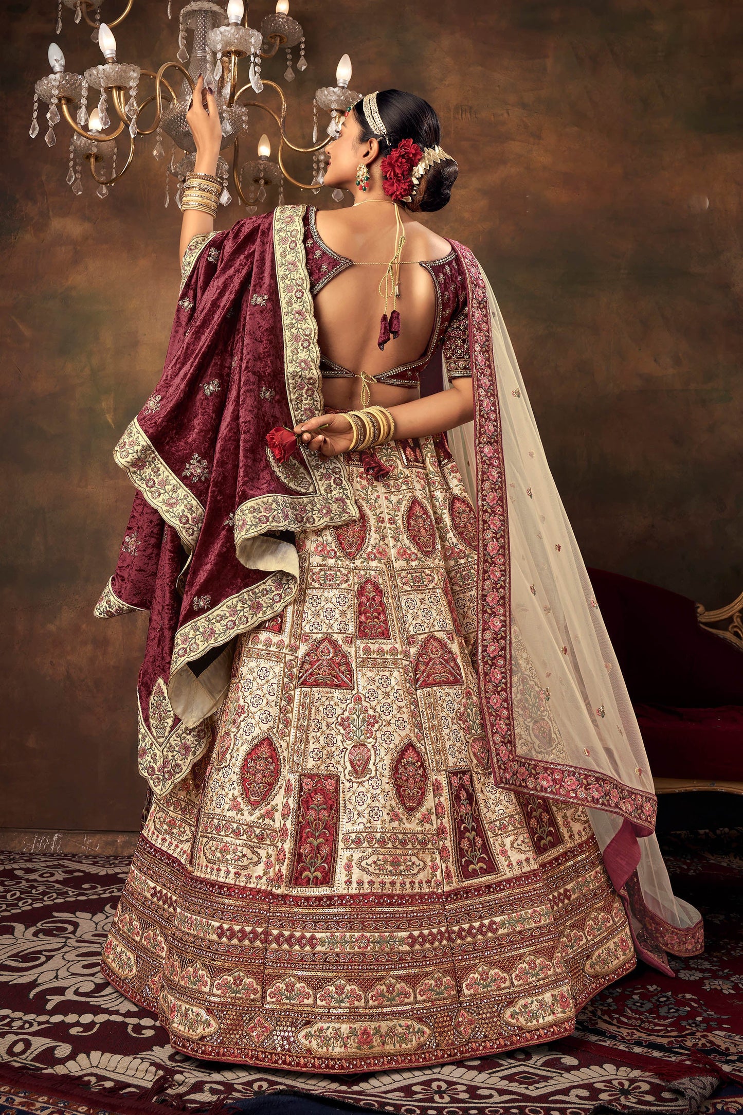 Chickoo Velvet Zarkan Hand Embroidered Heavy Bridal Lehenga with Bet dupatta