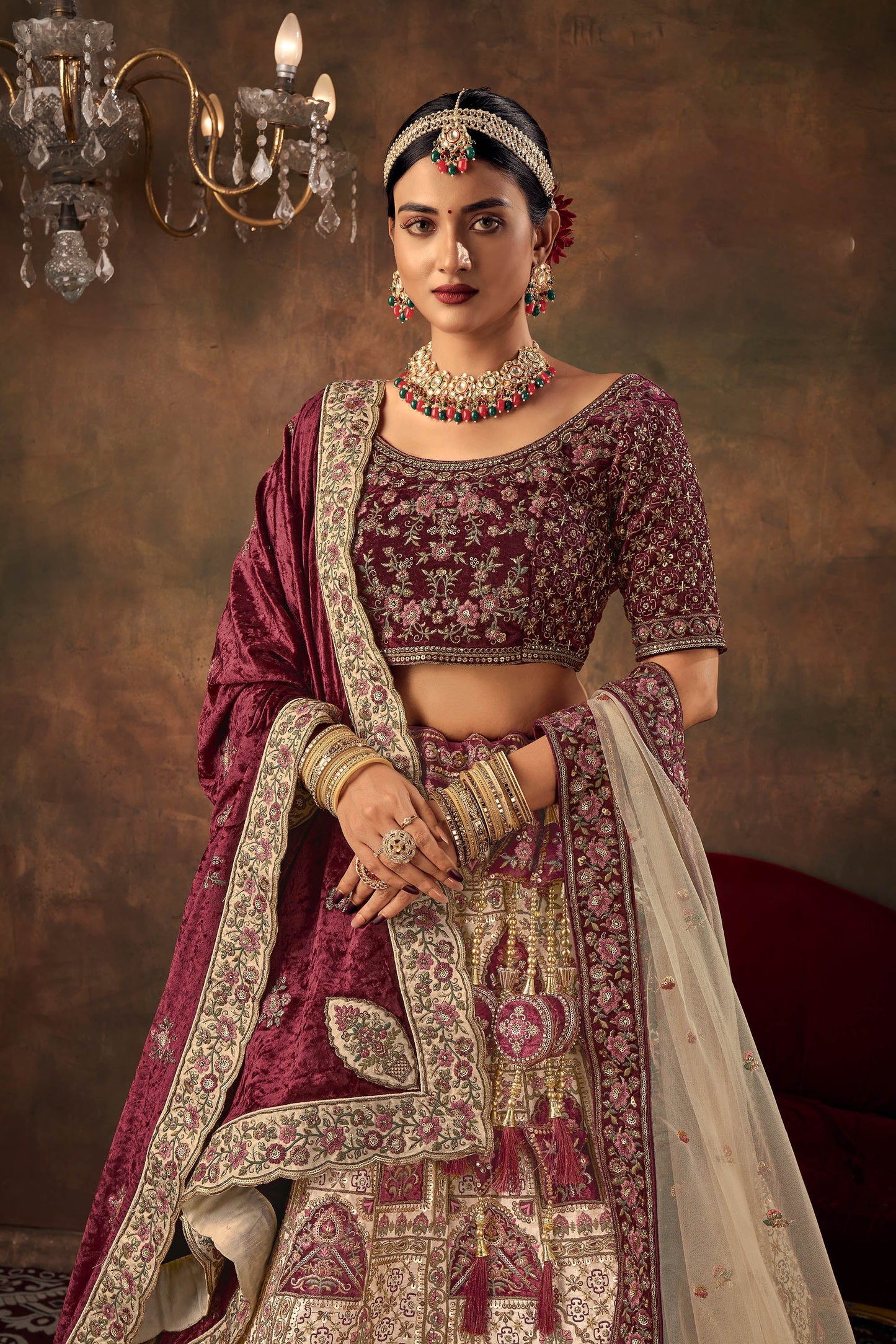 Chickoo Velvet Zarkan Hand Embroidered Heavy Bridal Lehenga with Bet dupatta