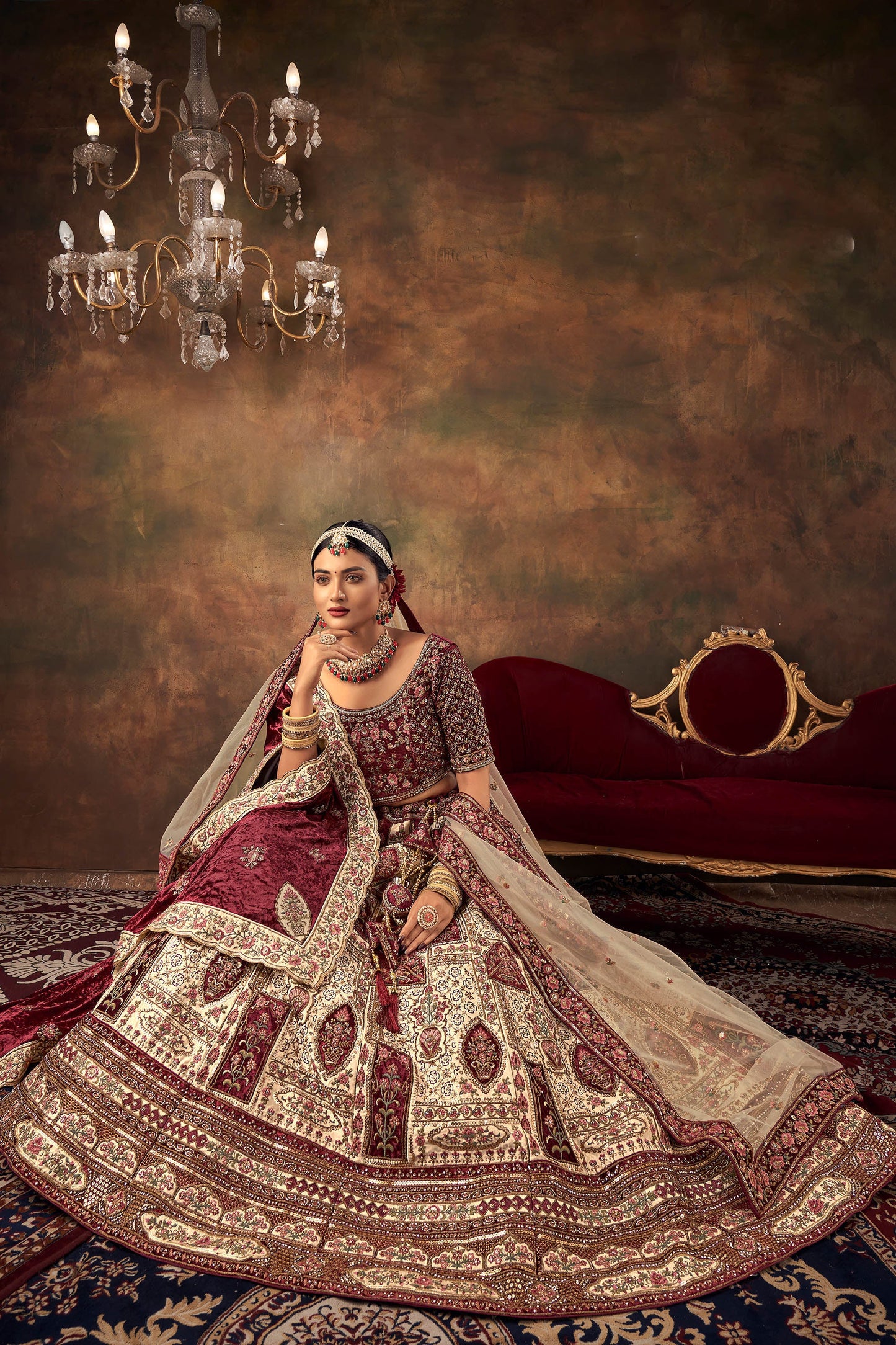 Chickoo Velvet Zarkan Hand Embroidered Heavy Bridal Lehenga with Bet dupatta