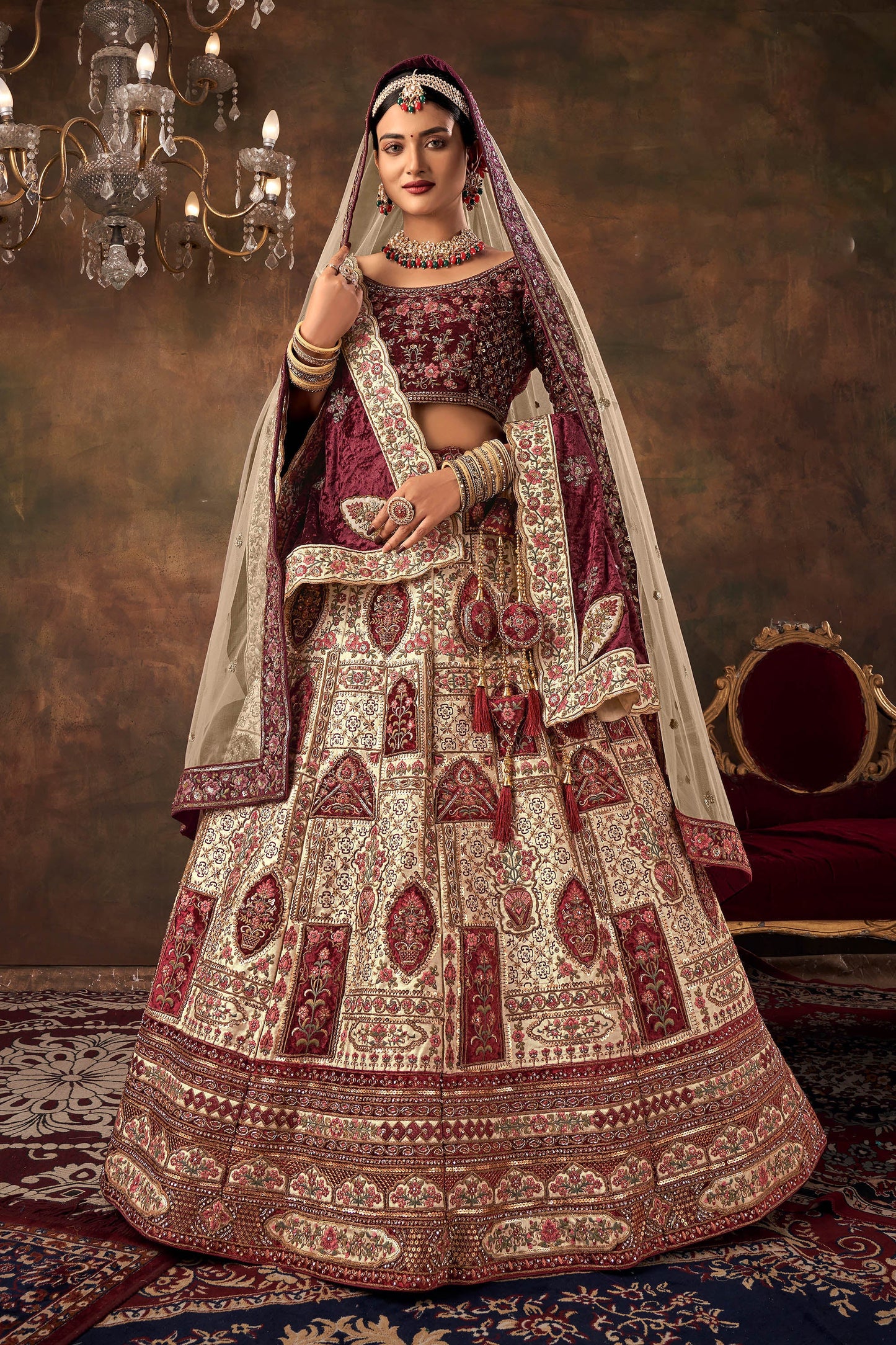 Chickoo Velvet Zarkan Hand Embroidered Heavy Bridal Lehenga with Bet dupatta