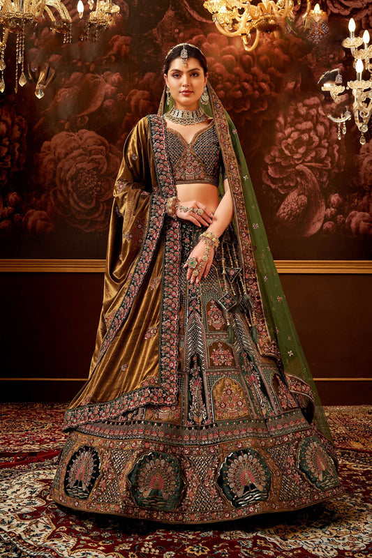 Green Velvet Hand Embroidered Heavy Bridal Lehenga with Double Dupatta