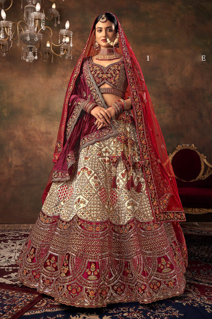 Off White Velvet Hand Embroidered Heavy Bridal Lehenga with Double Dupatta