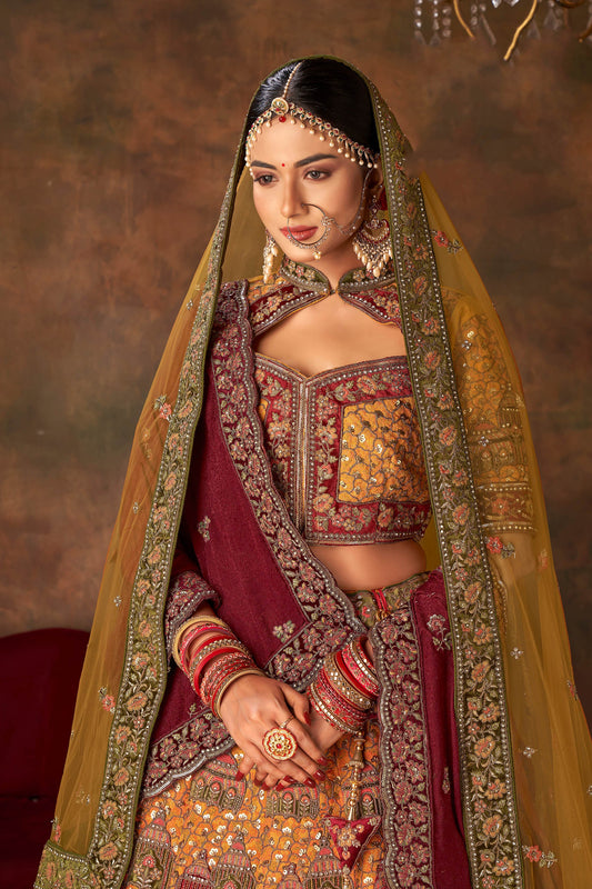 Mustard Silk Hand Embroidered Heavy Bridal Lehenga with Velvet and Net Dupatta