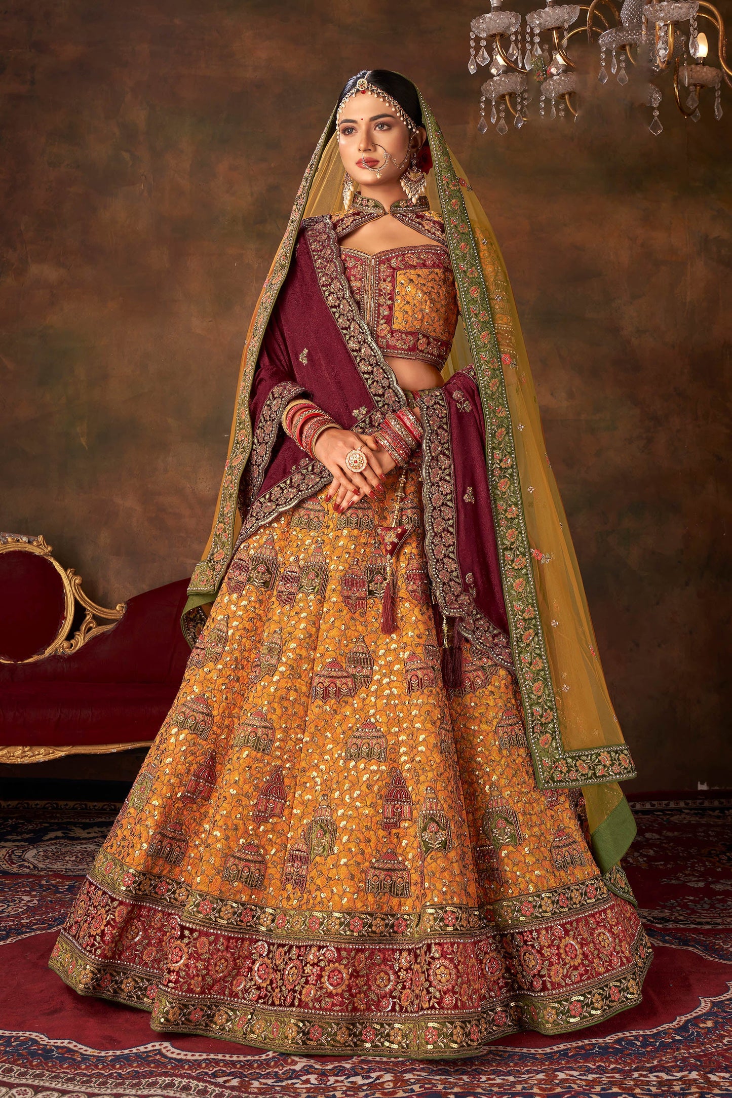 Mustard Silk Hand Embroidered Heavy Bridal Lehenga with Velvet and Net Dupatta