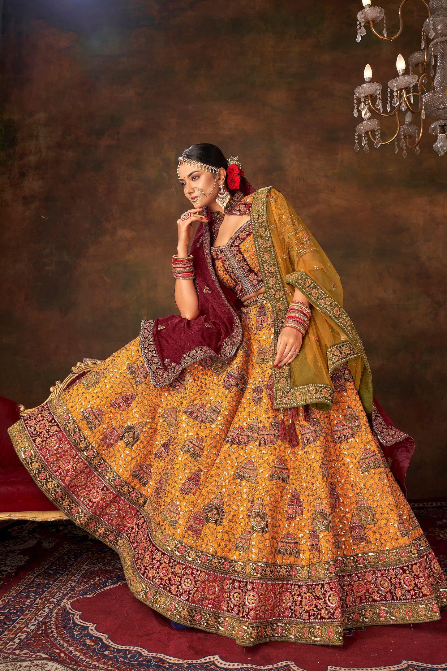 Mustard Silk Hand Embroidered Heavy Bridal Lehenga with Velvet and Net Dupatta