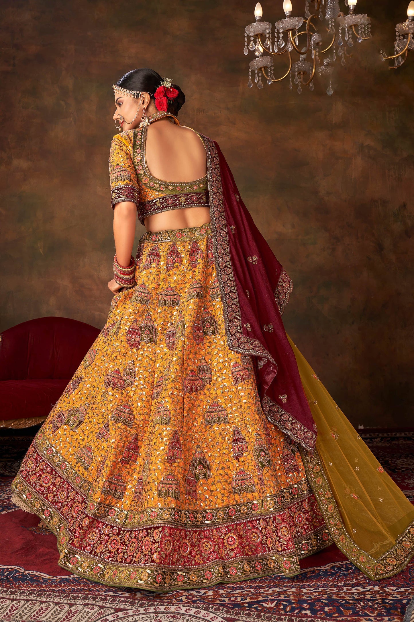 Mustard Silk Hand Embroidered Heavy Bridal Lehenga with Velvet and Net Dupatta