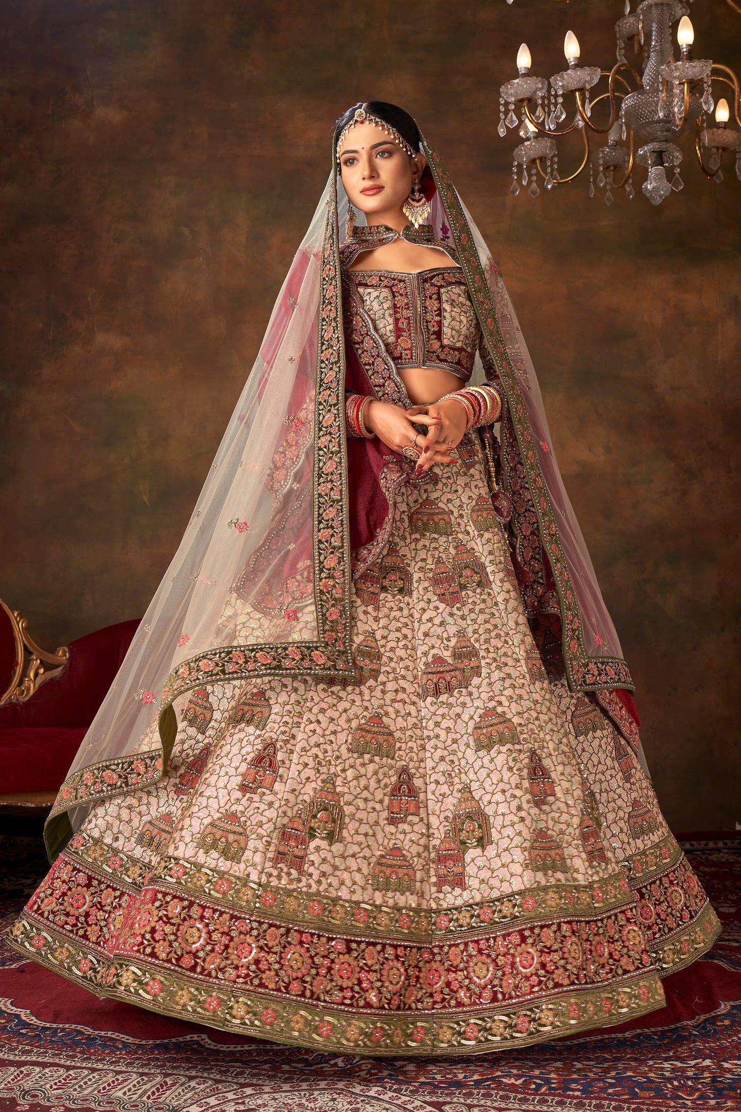 Off white Silk Hand Embroidered Heavy Bridal Lehenga with Velvet and Net Dupatta