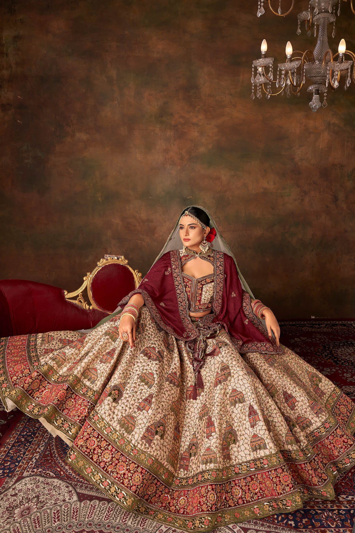 Off white Silk Hand Embroidered Heavy Bridal Lehenga with Velvet and Net Dupatta