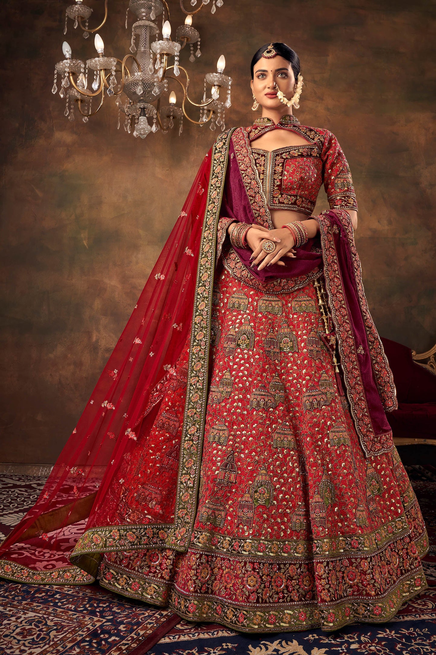 Red Silk Hand Embroidered Heavy Bridal Lehenga with Velvet and Net Dupatta