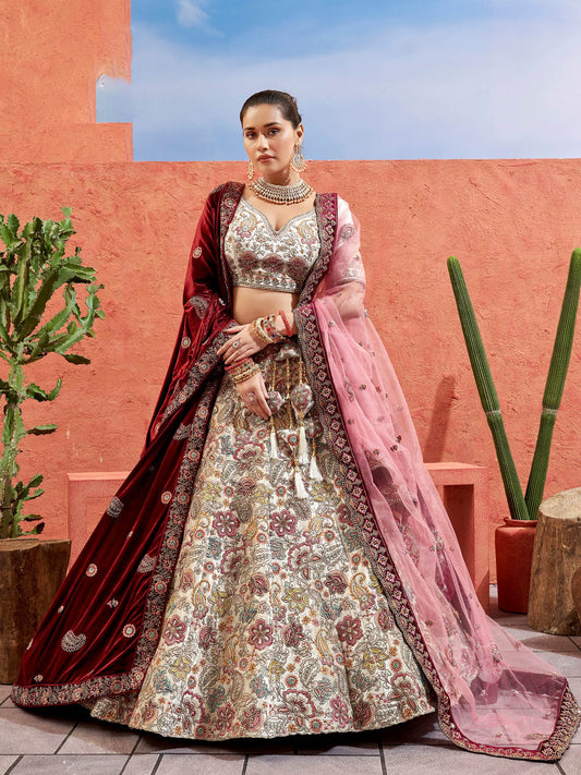 White Velvet Hand Embroidered Heavy Bridal Lehenga with Net Dupatta