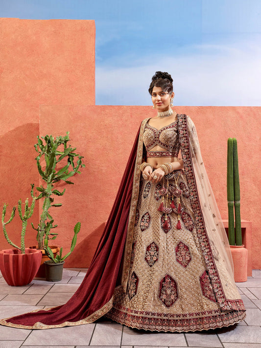 Chickoo Velvet Zarkan Hand Embroidered Heavy Bridal Lehenga with Net Dupatta