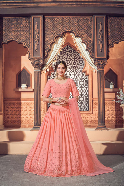 Peach Color Embroidered Georgette Bridesmaid Lehenga 1721