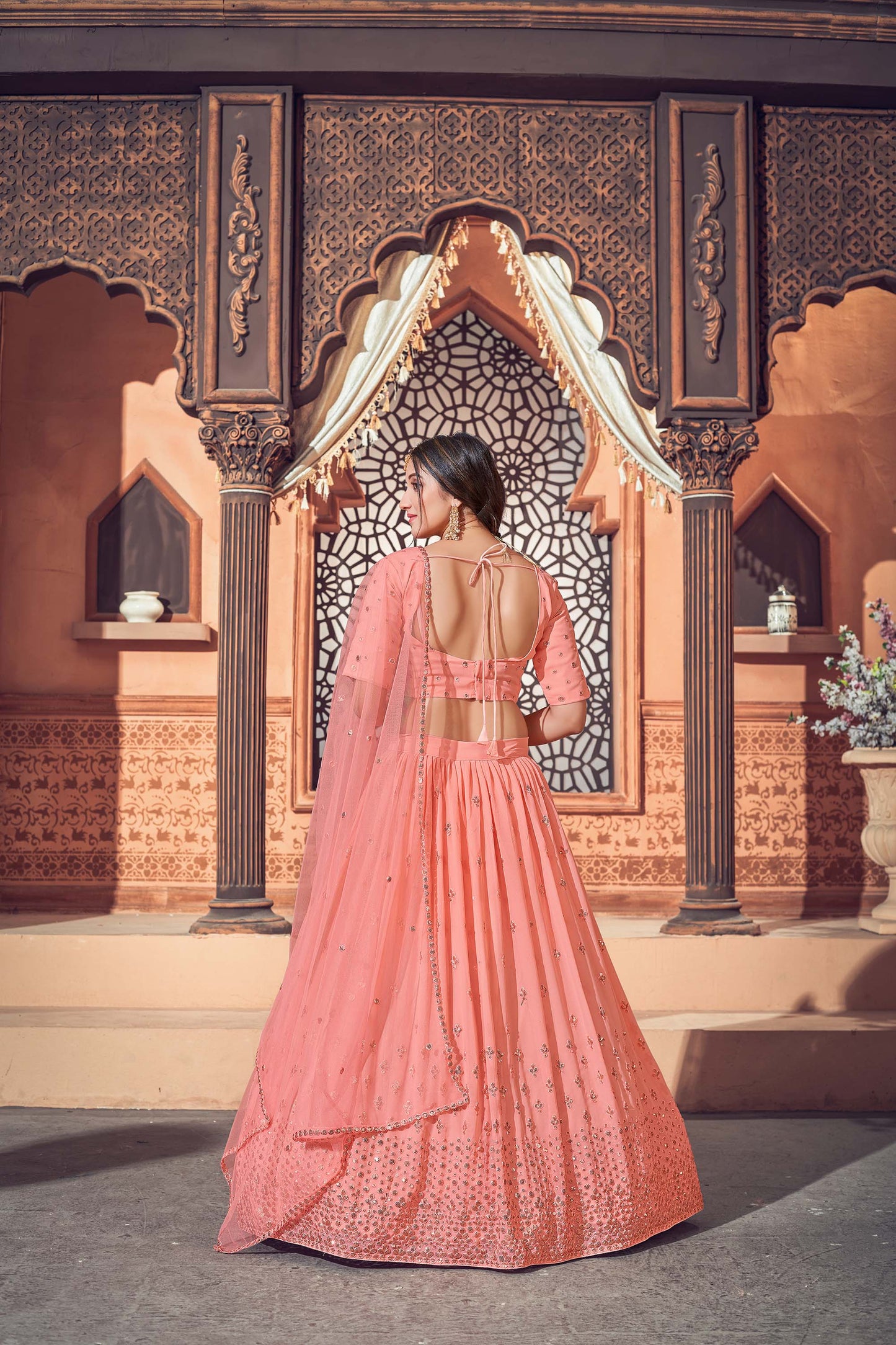 Peach Color Embroidered Georgette Bridesmaid Lehenga 1721