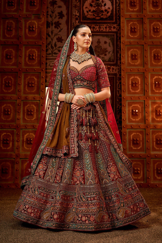 Maroon Silk Zarkan Hand Embroidered Heavy Bridal Lehenga with Net Dupatta