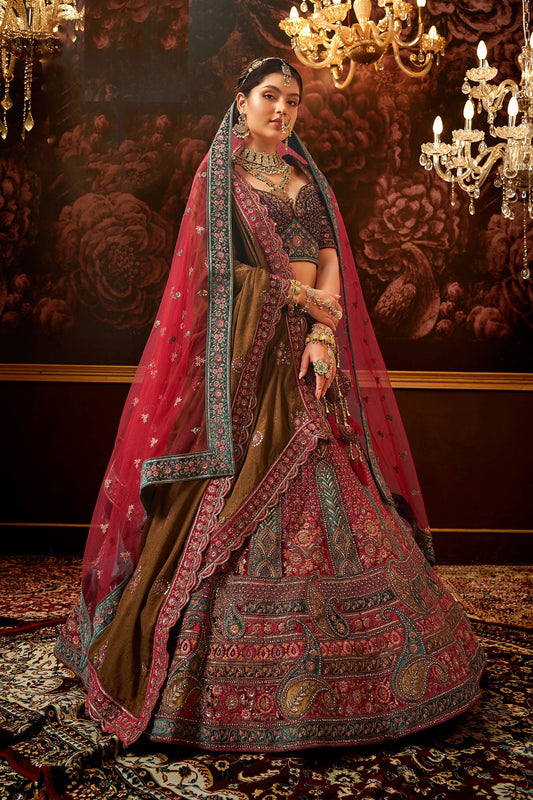 Rani Pink Silk Zarkan Hand Embroidered Heavy Bridal Lehenga with Net Dupatta