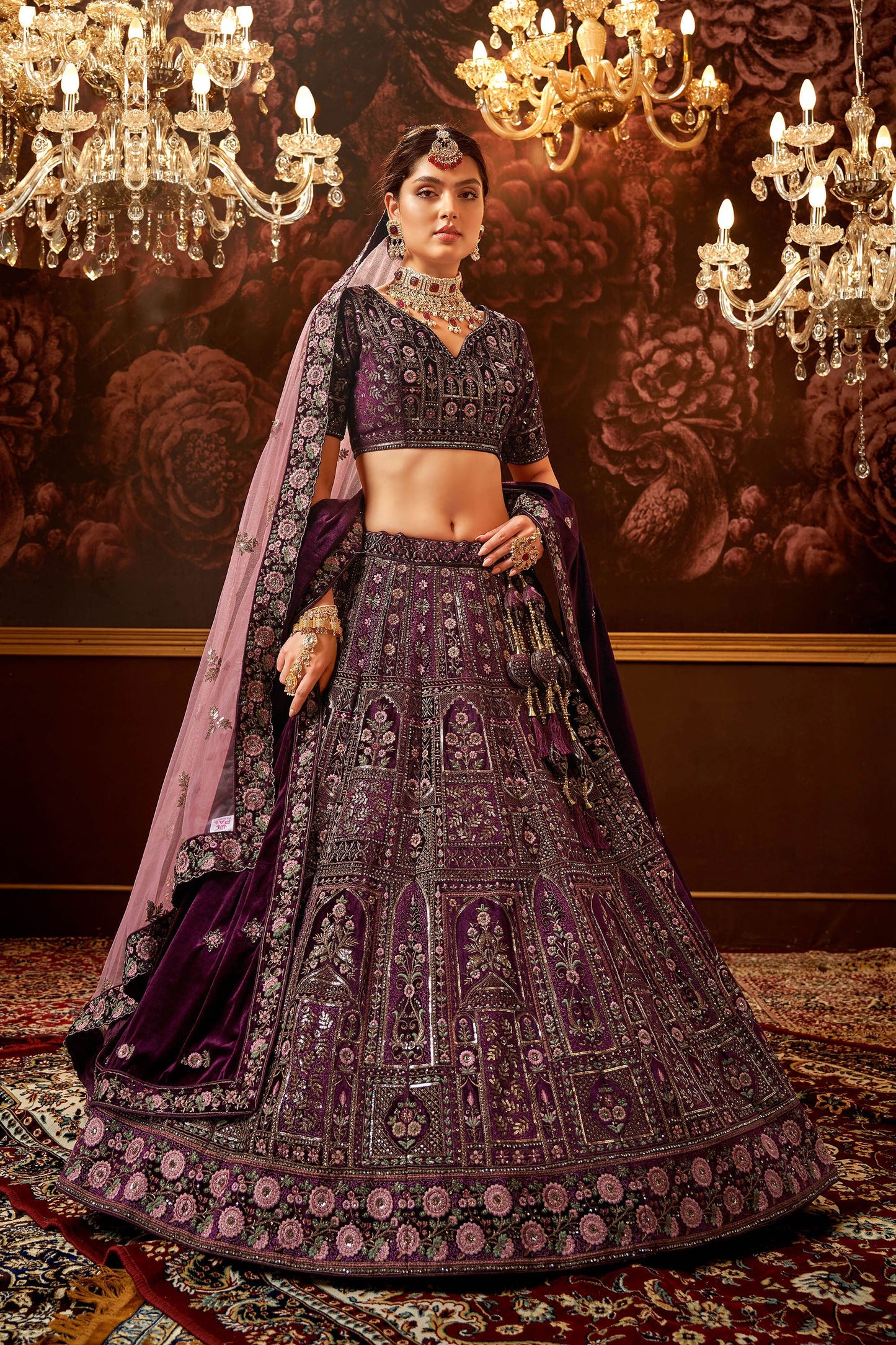 Wine Velvet Hand Embroidered Heavy Bridal Lehenga with Net Dupatta