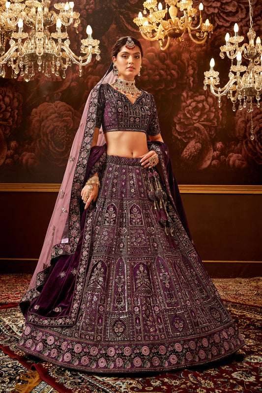 Wine Velvet Hand Embroidered Heavy Bridal Lehenga with Net Dupatta