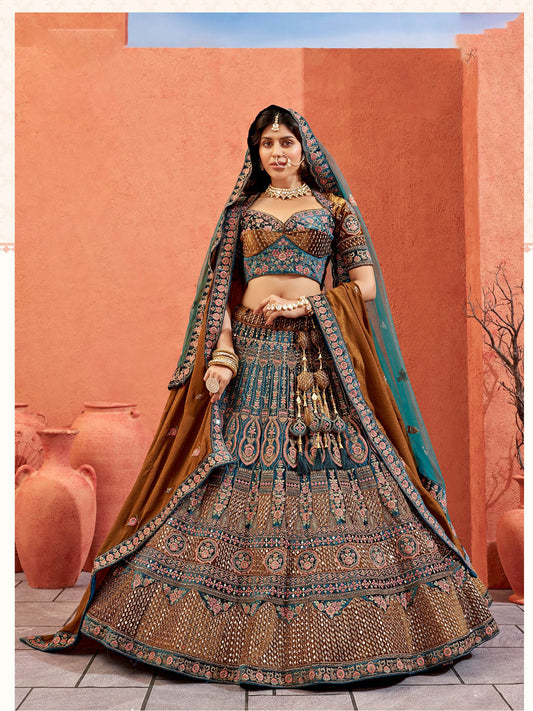 Rama Velvet Zarkan Hand Embroidered Heavy Bridal Lehenga with Double Dupatta