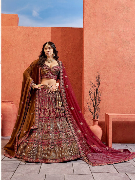 Wine Velvet Zarkan Hand Embroidered Heavy Bridal Lehenga with Double Dupatta