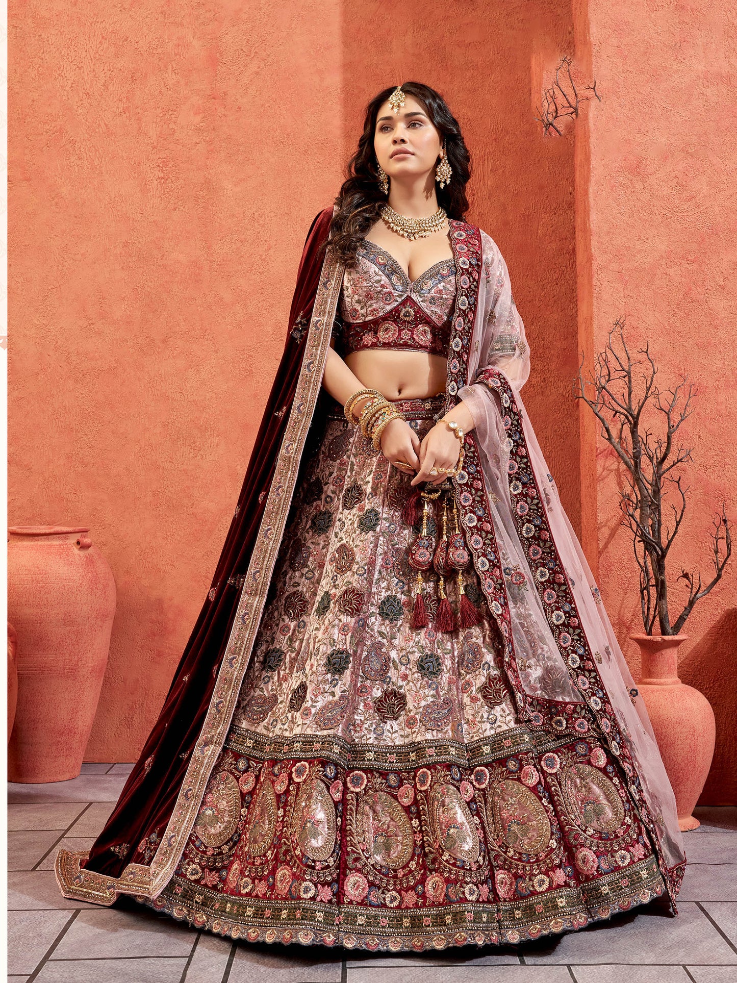 Pink Velvet Hand Embroidered Heavy Bridal Lehenga with Double Dupatta