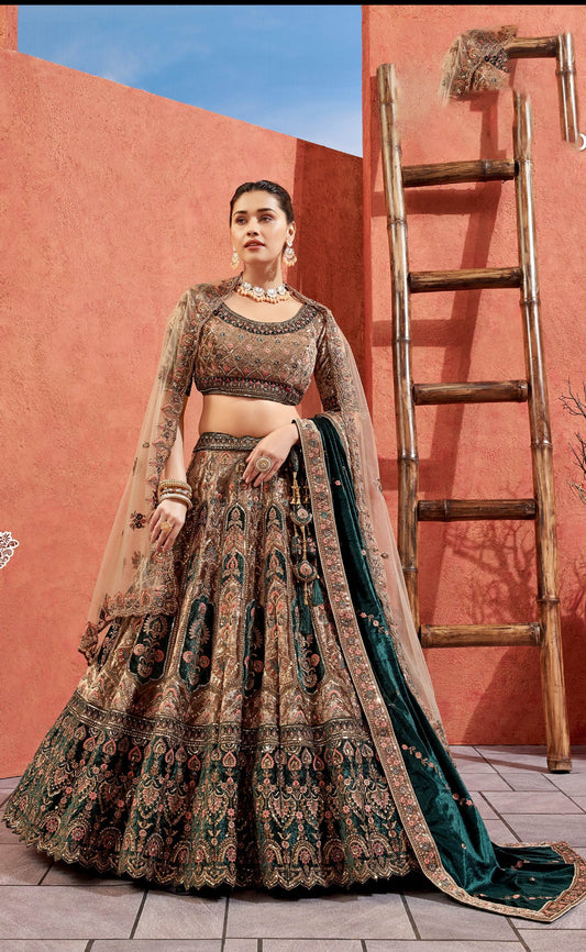 Chickoo Velvet Zarkan Hand Embroidered Heavy Bridal Lehenga with Double Dupatta